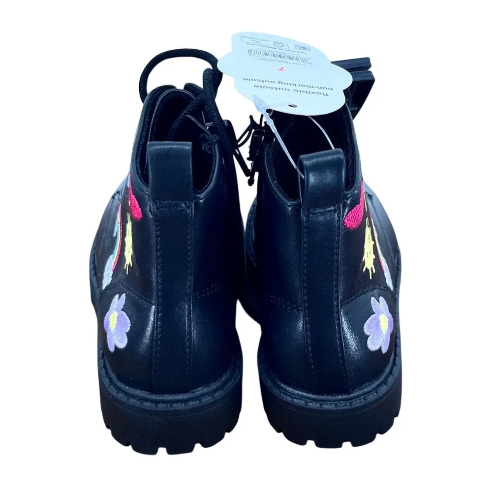 Wonder Nation Combat‎ Boots Girls Size 7 Black Rainbow Butterfly Patches Kidcore